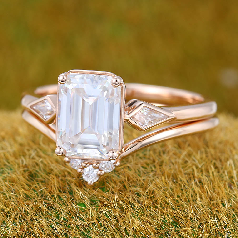1.6CT Emerald Cut Moissanite Engagement Ring Set with Unique Kite & Round Accents