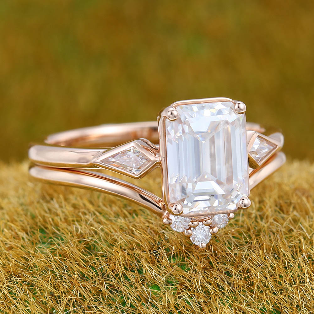 1.6CT Emerald Cut Moissanite Engagement Ring Set with Unique Kite & Round Accents