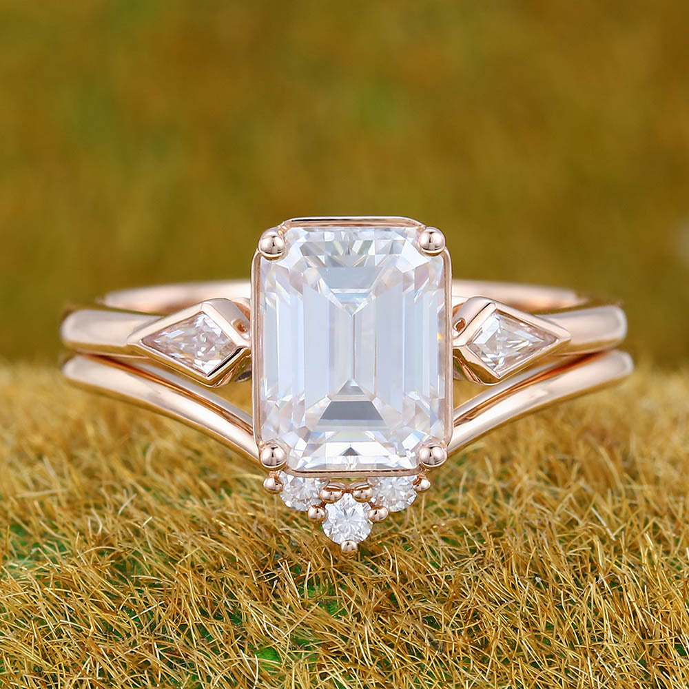 1.6CT Emerald Cut Moissanite Engagement Ring Set with Unique Kite & Round Accents