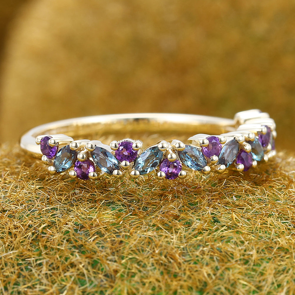 Alternating Marquise Alexandrite & Round Amethyst Wedding Band Half Eternity Ring