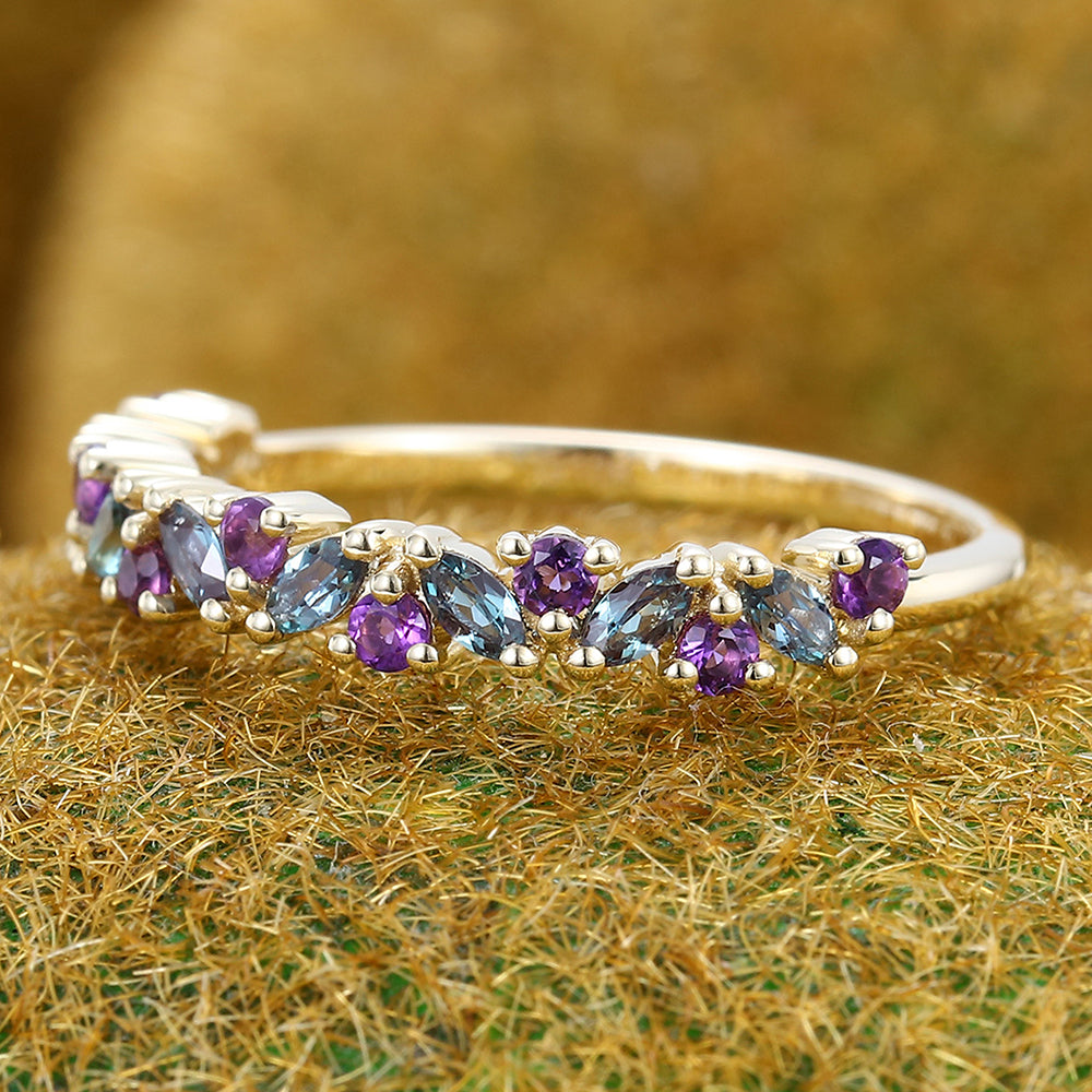 Alternating Marquise Alexandrite & Round Amethyst Wedding Band Half Eternity Ring
