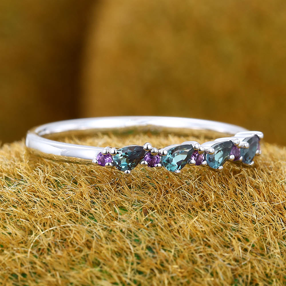 Alternating Pear Alexandrite & Round Amethyst Wedding Band