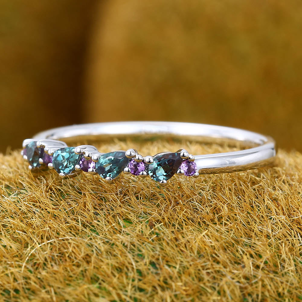 Alternating Pear Alexandrite & Round Amethyst Wedding Band