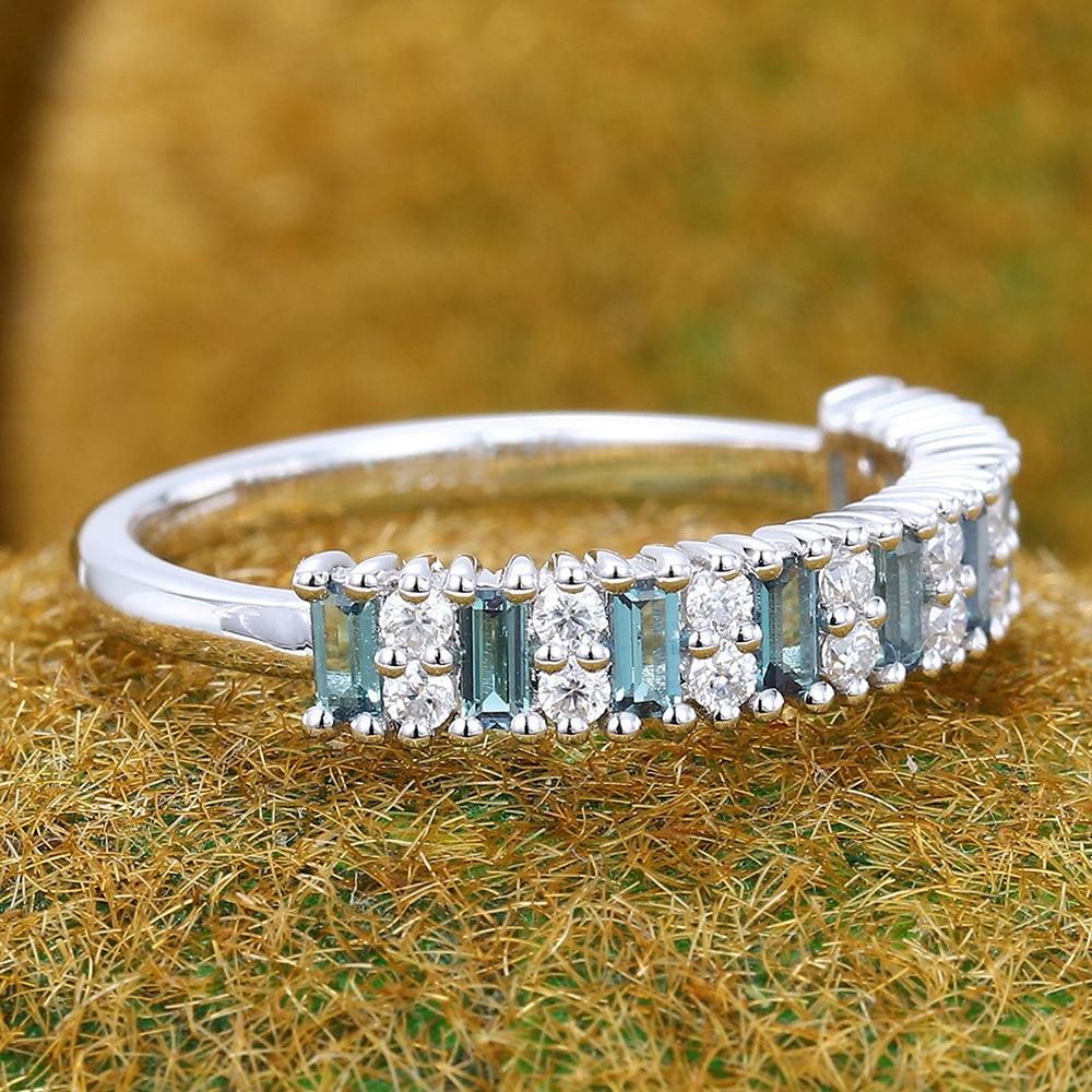 Alternating Baguette Alexandrite & Round Moissanite Wedding Band Half Eternity Ring