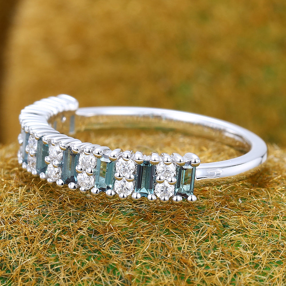 Alternating Baguette Alexandrite & Round Moissanite Wedding Band Half Eternity Ring