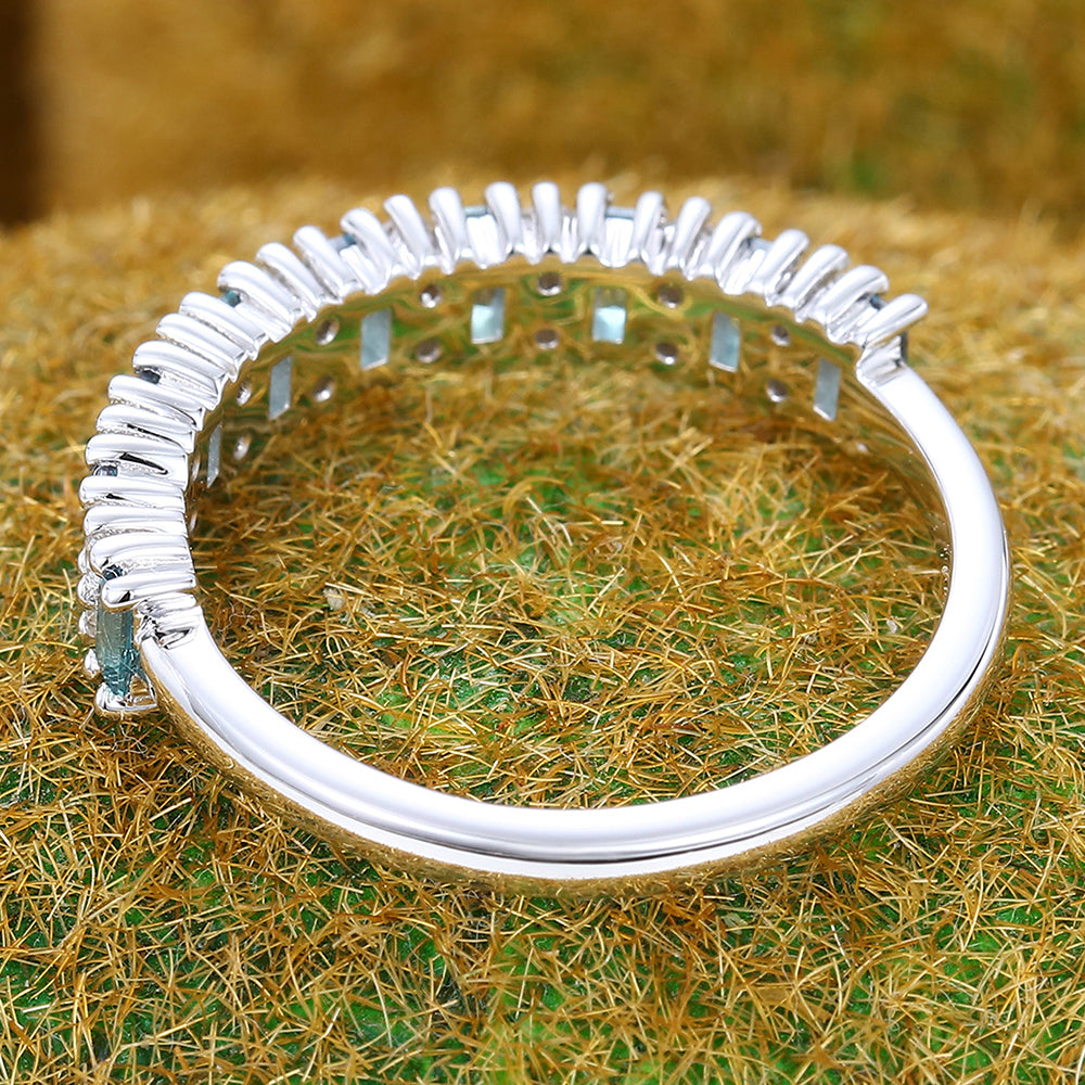 Alternating Baguette Alexandrite & Round Moissanite Wedding Band Half Eternity Ring