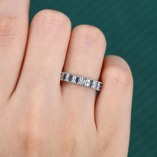 Alternating Baguette Alexandrite & Round Moissanite Wedding Band Half Eternity Ring