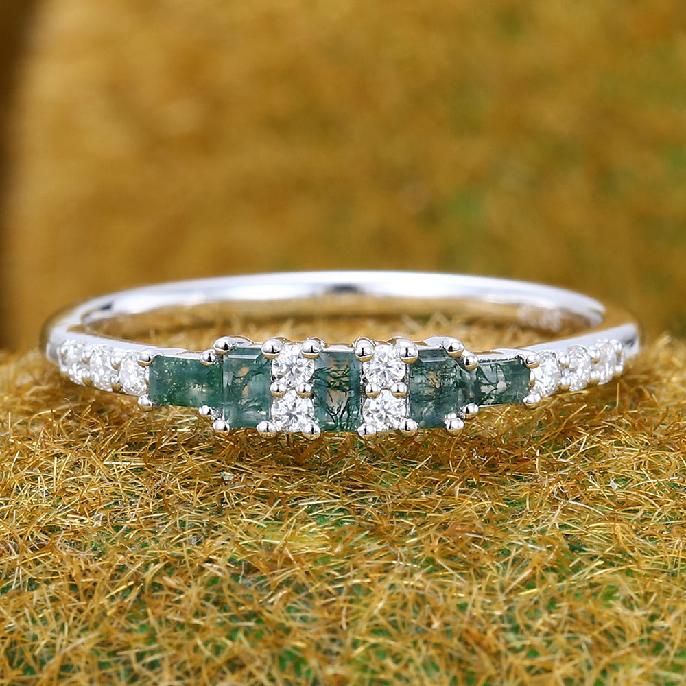 Baguette Cut Moss Agate Wedding Band Anniversary Ring
