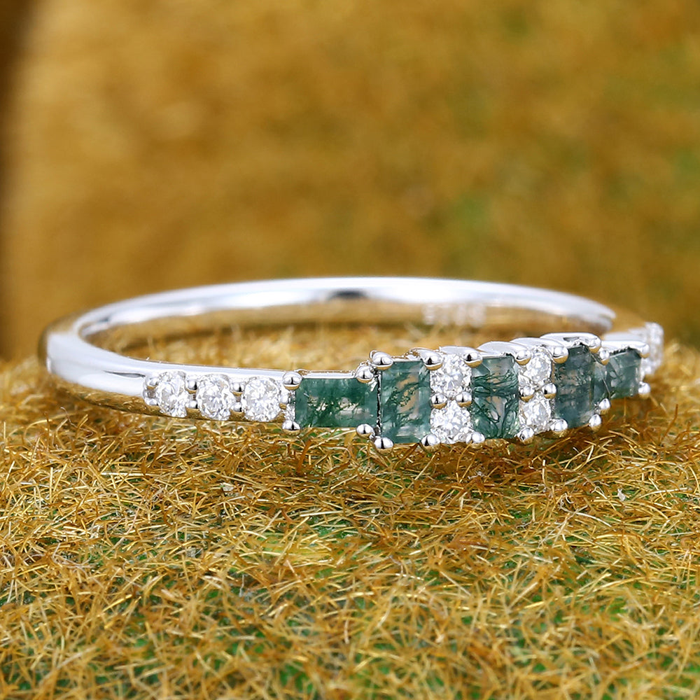 Baguette Cut Moss Agate Wedding Band Anniversary Ring