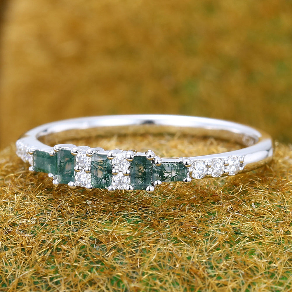 Baguette Cut Moss Agate Wedding Band Anniversary Ring
