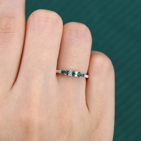Baguette Cut Moss Agate Wedding Band Anniversary Ring
