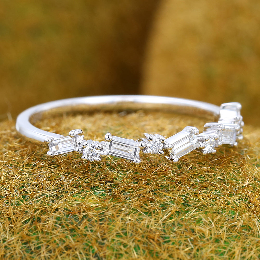 Alternating Baguette & Round Moissanite Wedding Band Unique Anniversary Ring