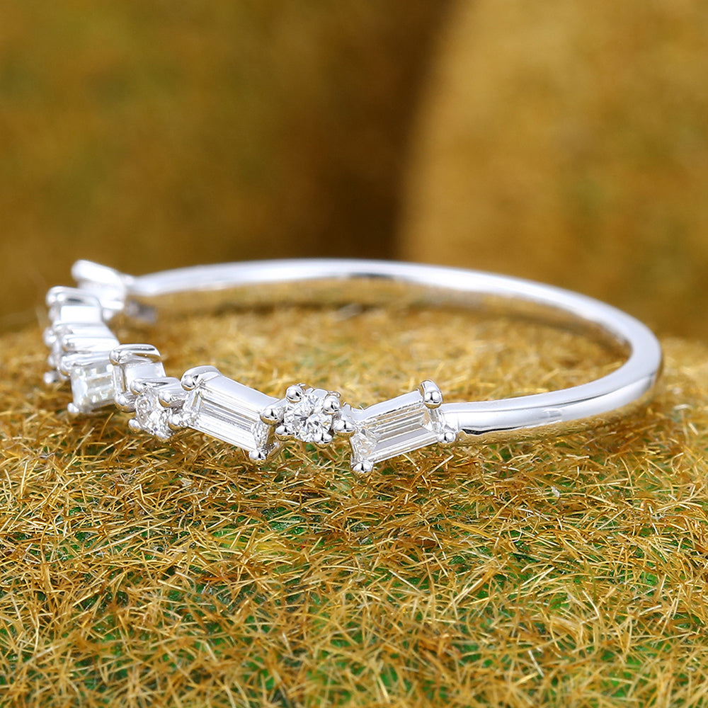 Alternating Baguette & Round Moissanite Wedding Band Unique Anniversary Ring