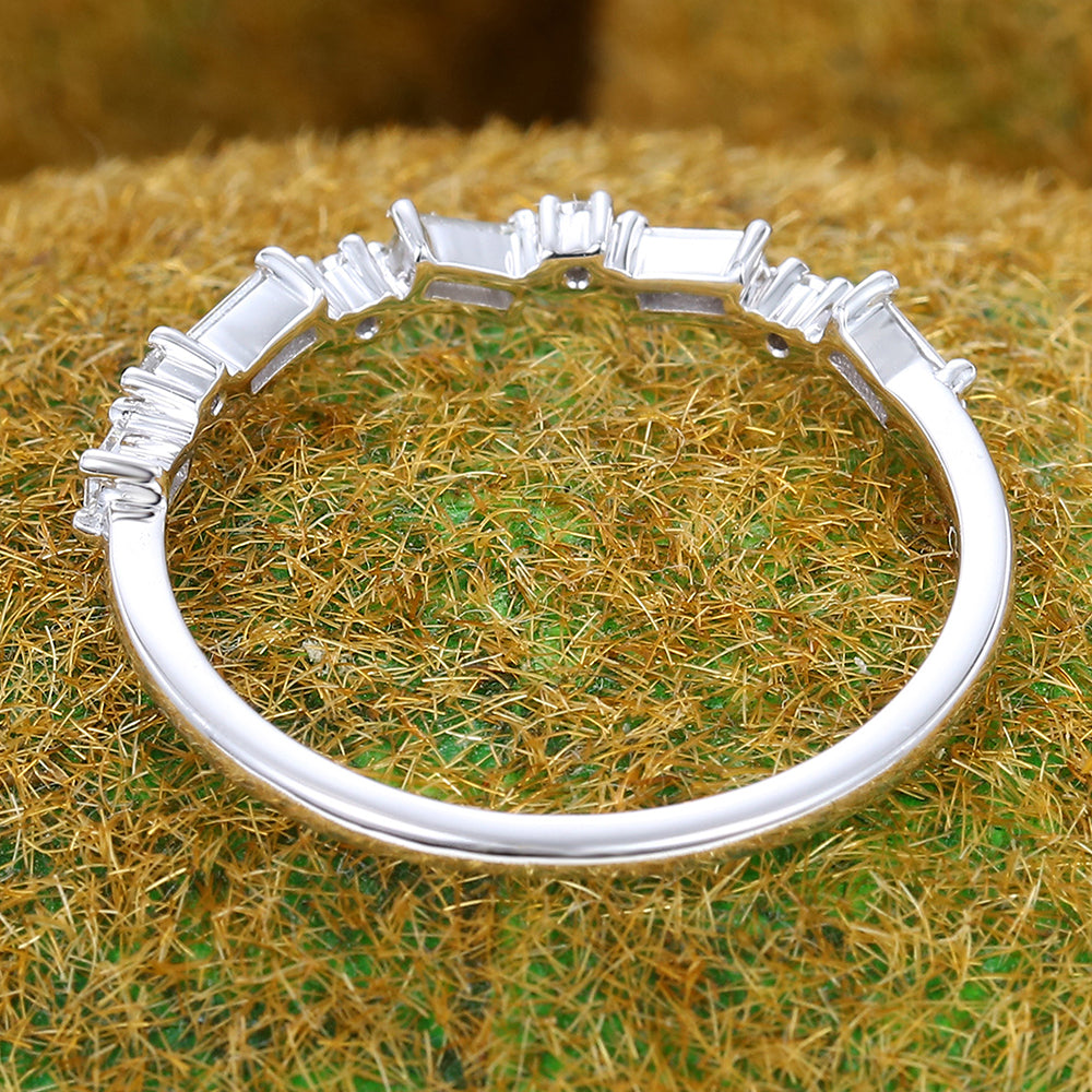 Alternating Baguette & Round Moissanite Wedding Band Unique Anniversary Ring
