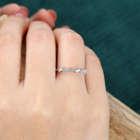 Alternating Baguette & Round Moissanite Wedding Band Unique Anniversary Ring