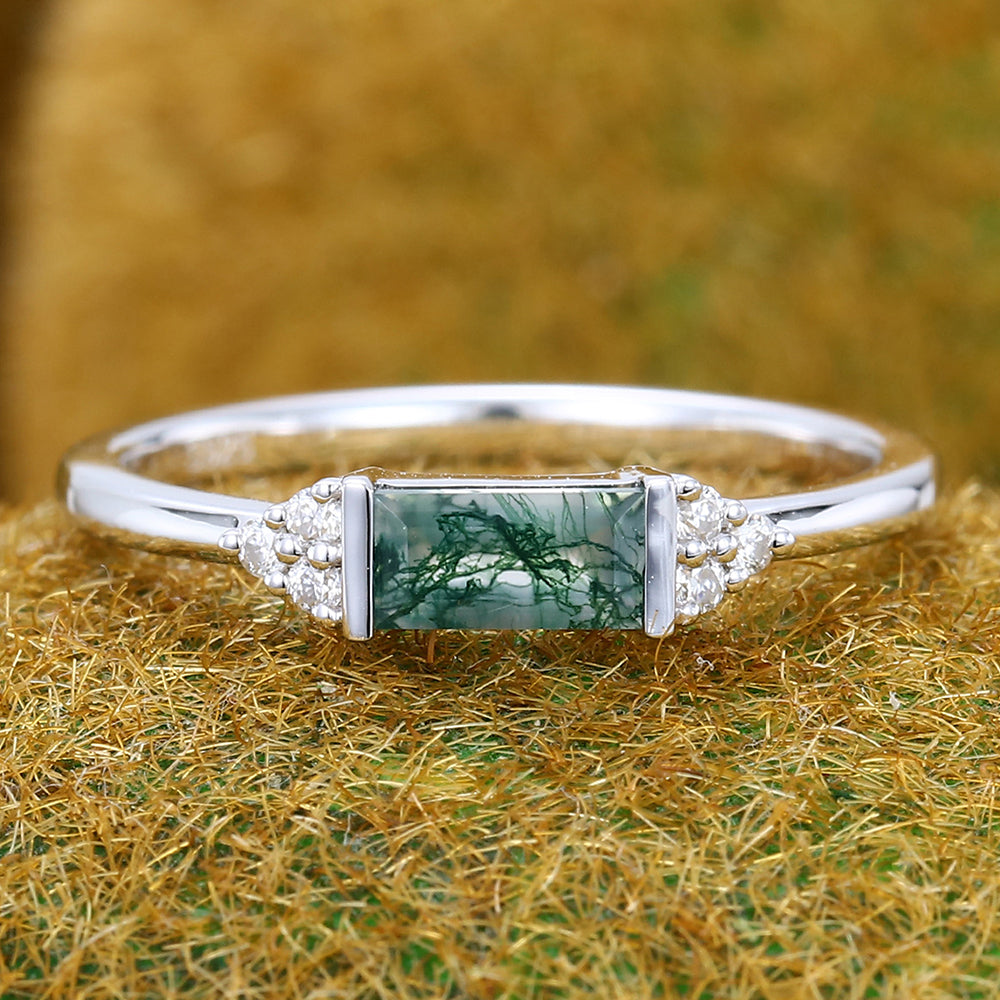 East West Baguette Cut Moss Agate Engagement Ring Art Deco Inspired Ring