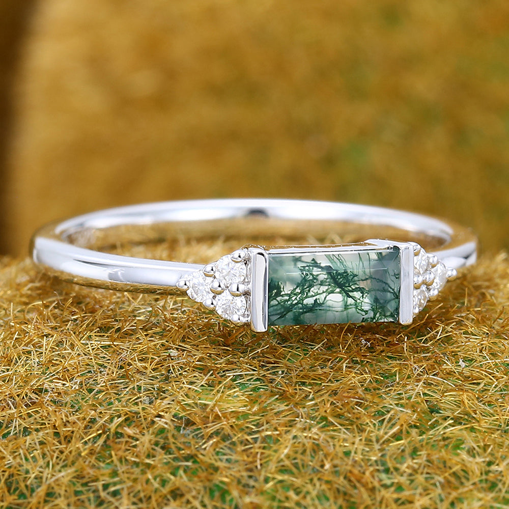 East West Baguette Cut Moss Agate Engagement Ring Art Deco Inspired Ring