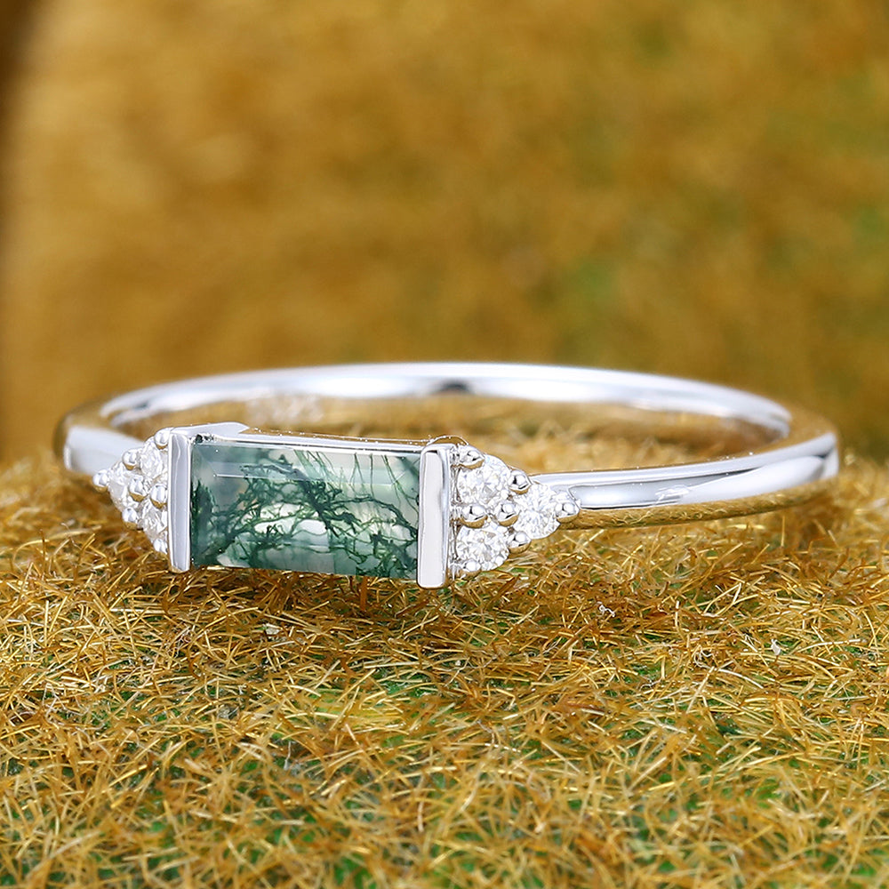 East West Baguette Cut Moss Agate Engagement Ring Art Deco Inspired Ring