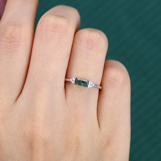 East West Baguette Cut Moss Agate Engagement Ring Art Deco Inspired Ring
