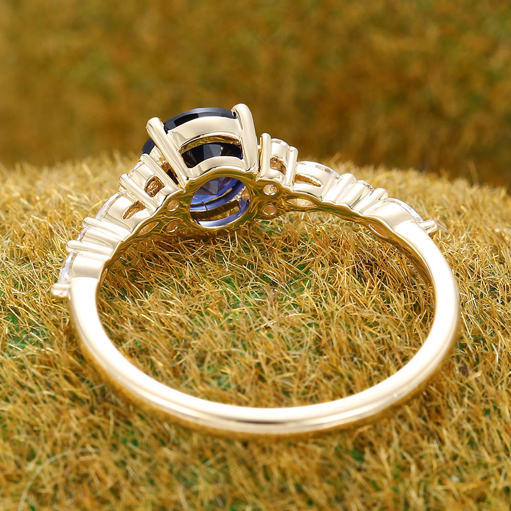 Blue Sapphire engagement ring Vintage Yellow gold engagement ring Marquise Diamond cluster ring Bridal Art deco Promise Anniversary ring