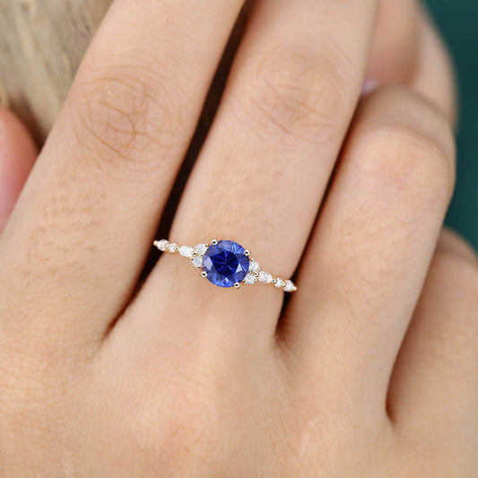 Blue Sapphire engagement ring Vintage Yellow gold engagement ring Marquise Diamond cluster ring Bridal Art deco Promise Anniversary ring