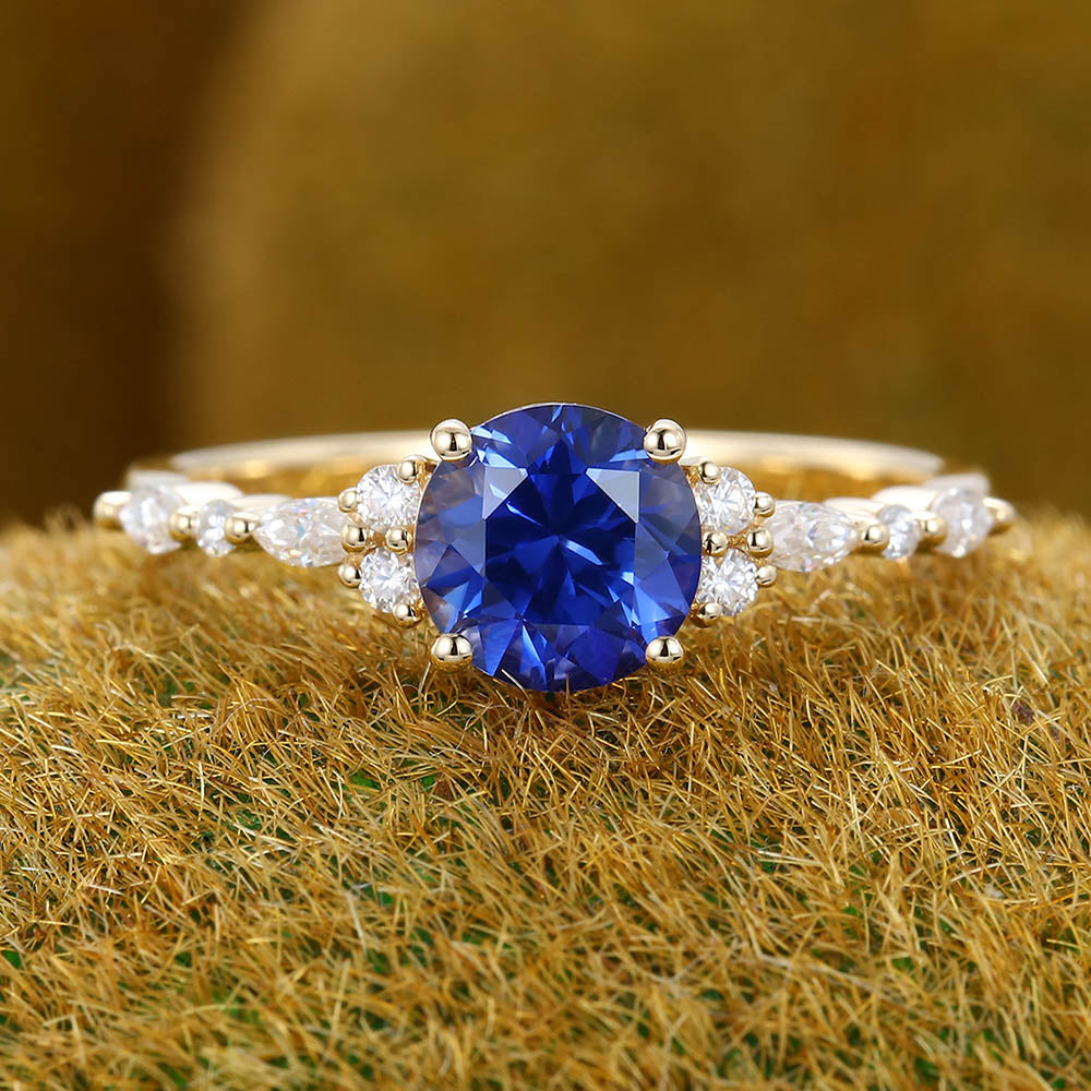 Blue Sapphire engagement ring Vintage Yellow gold engagement ring Marquise Diamond cluster ring Bridal Art deco Promise Anniversary ring
