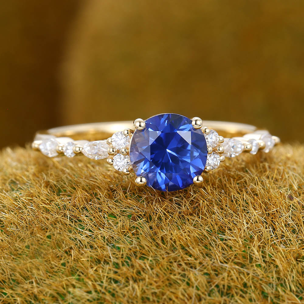 Blue Sapphire engagement ring Vintage Yellow gold engagement ring Marquise Diamond cluster ring Bridal Art deco Promise Anniversary ring