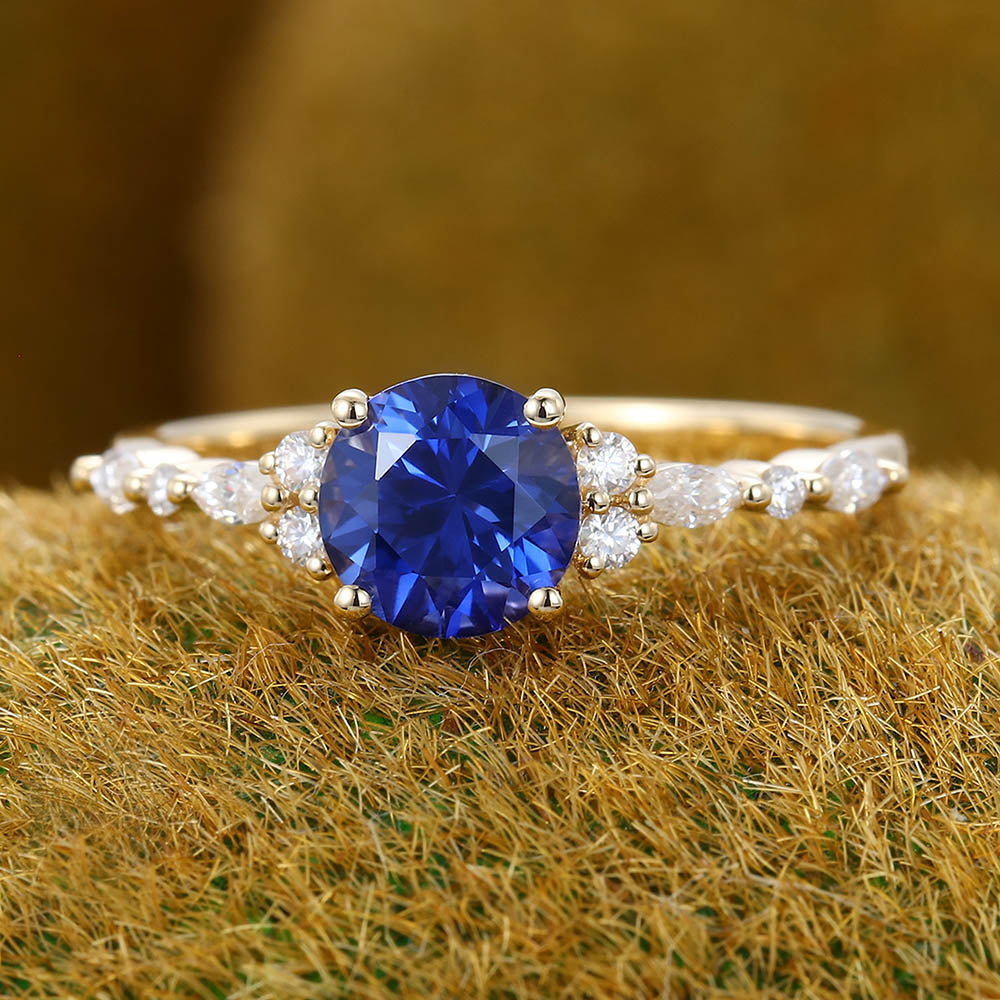 Blue Sapphire engagement ring Vintage Yellow gold engagement ring Marquise Diamond cluster ring Bridal Art deco Promise Anniversary ring