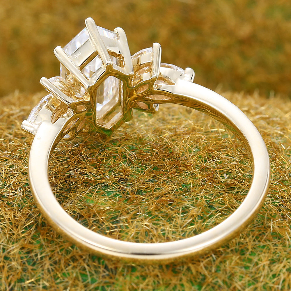 Classic Cluster Long Hexagon Cut Moissanite Engagement Ring In Yellow Gold