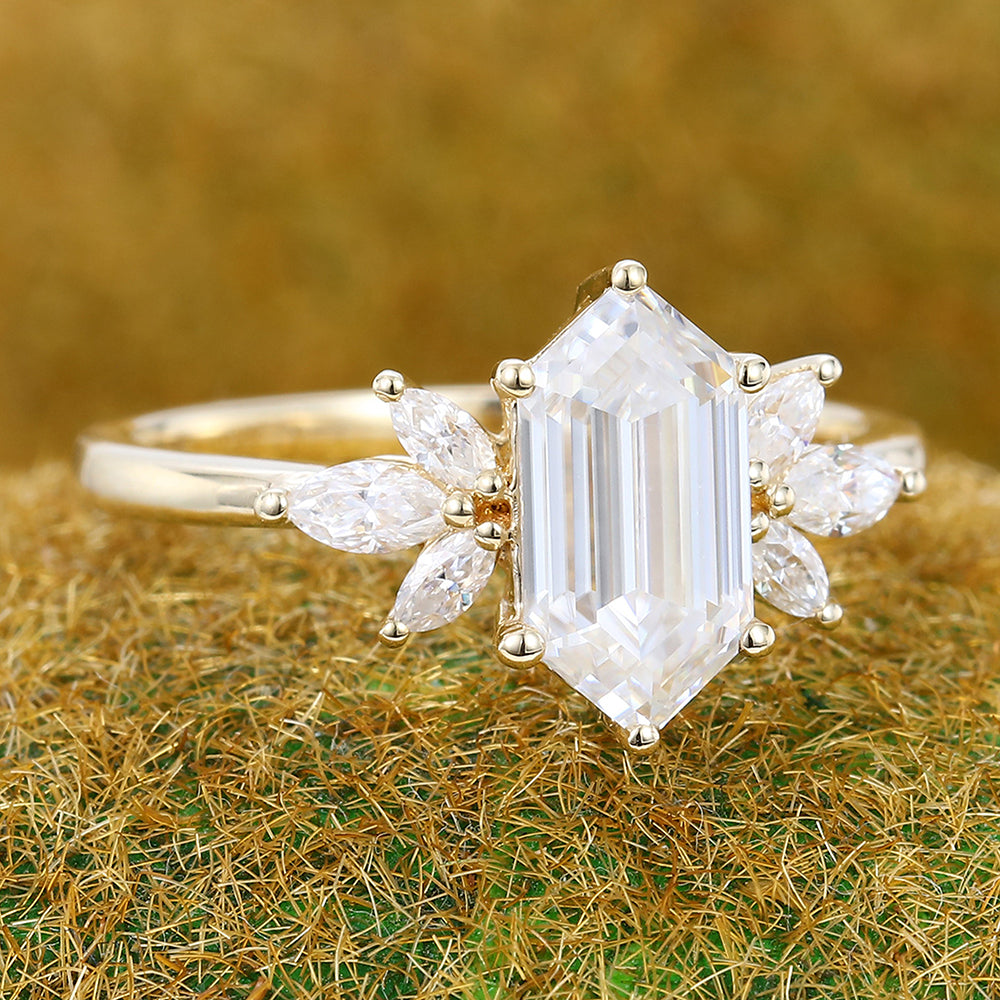 Classic Cluster Long Hexagon Cut Moissanite Engagement Ring In Yellow Gold