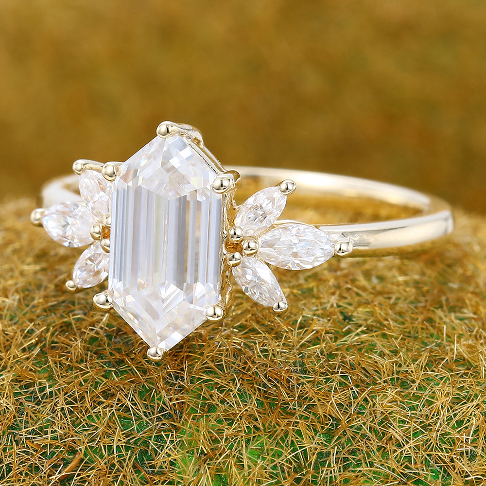 Classic Cluster Long Hexagon Cut Moissanite Engagement Ring In Yellow Gold