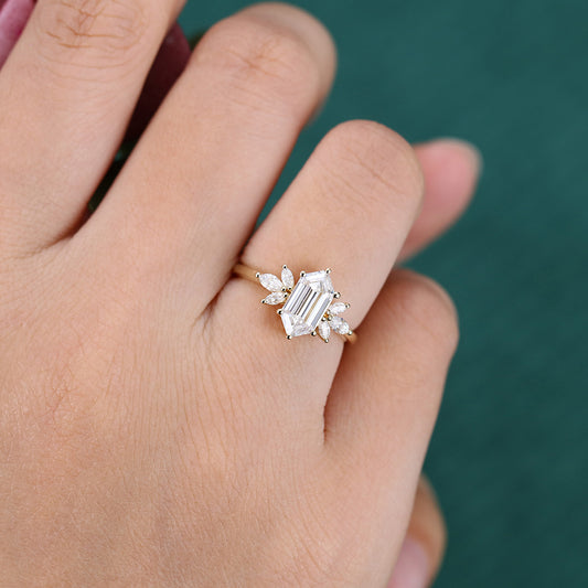 Classic Cluster Long Hexagon Cut Moissanite Engagement Ring In Yellow Gold