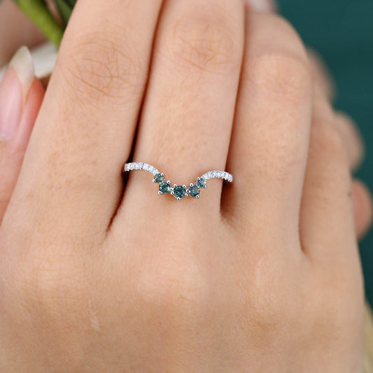 Cluster Green Blue Sapphire & Pavé Moissanite Curved Wedding Band