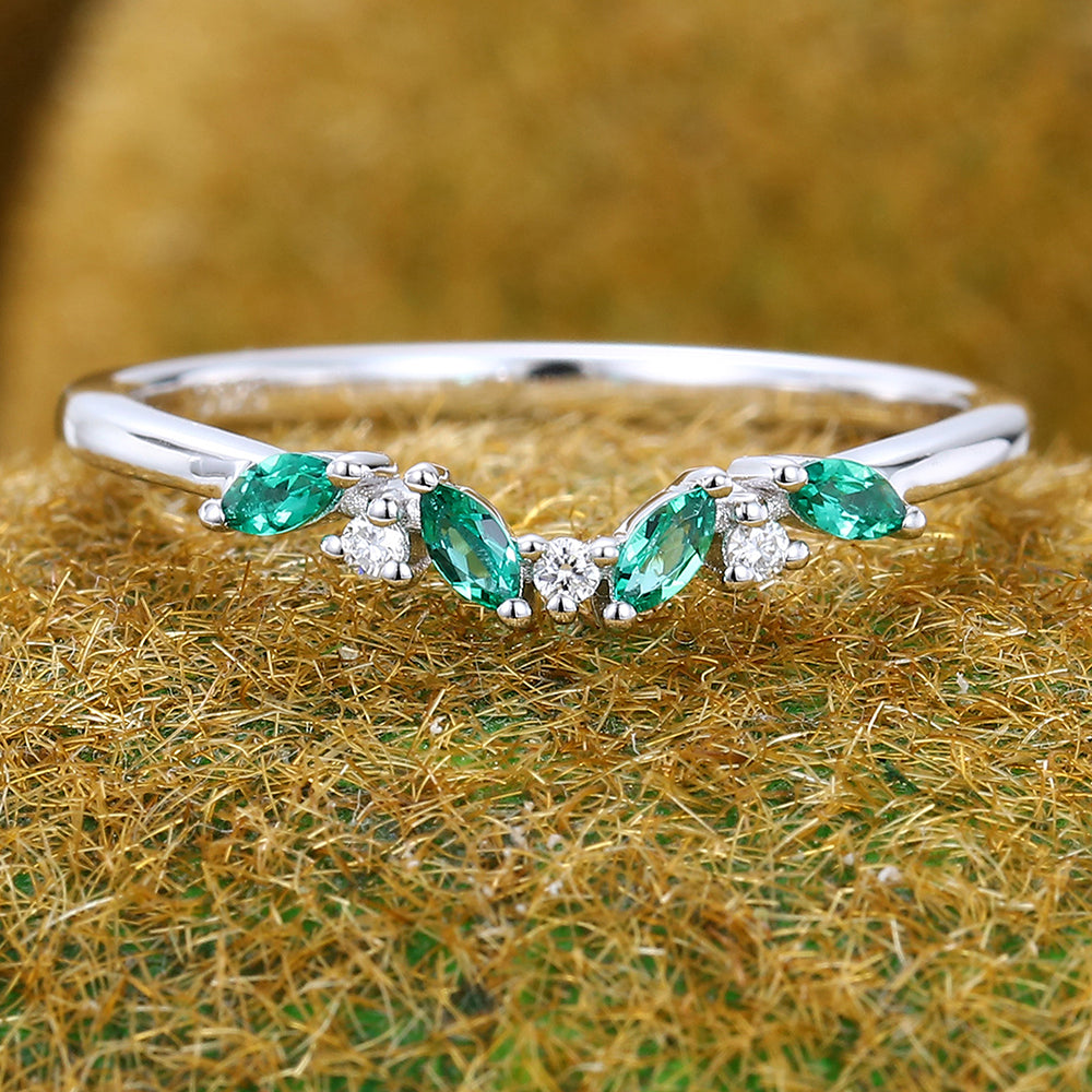 Curved Band Marquise Emerald & Diamond Wedding Band Anniversary Ring