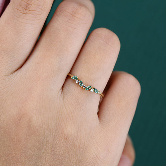 Curved Band Marquise Emerald & Diamond Wedding Band Anniversary Ring