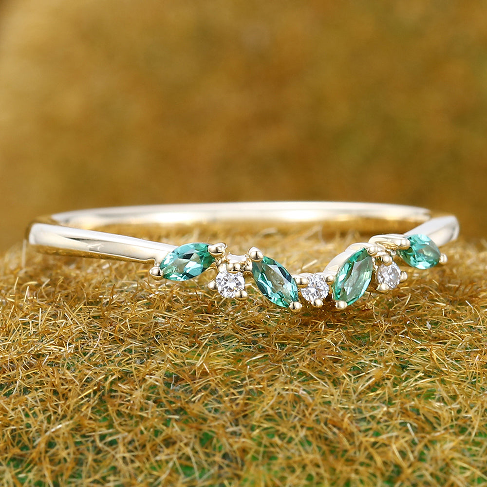 Curved Band Marquise Emerald & Diamond Wedding Band Anniversary Ring