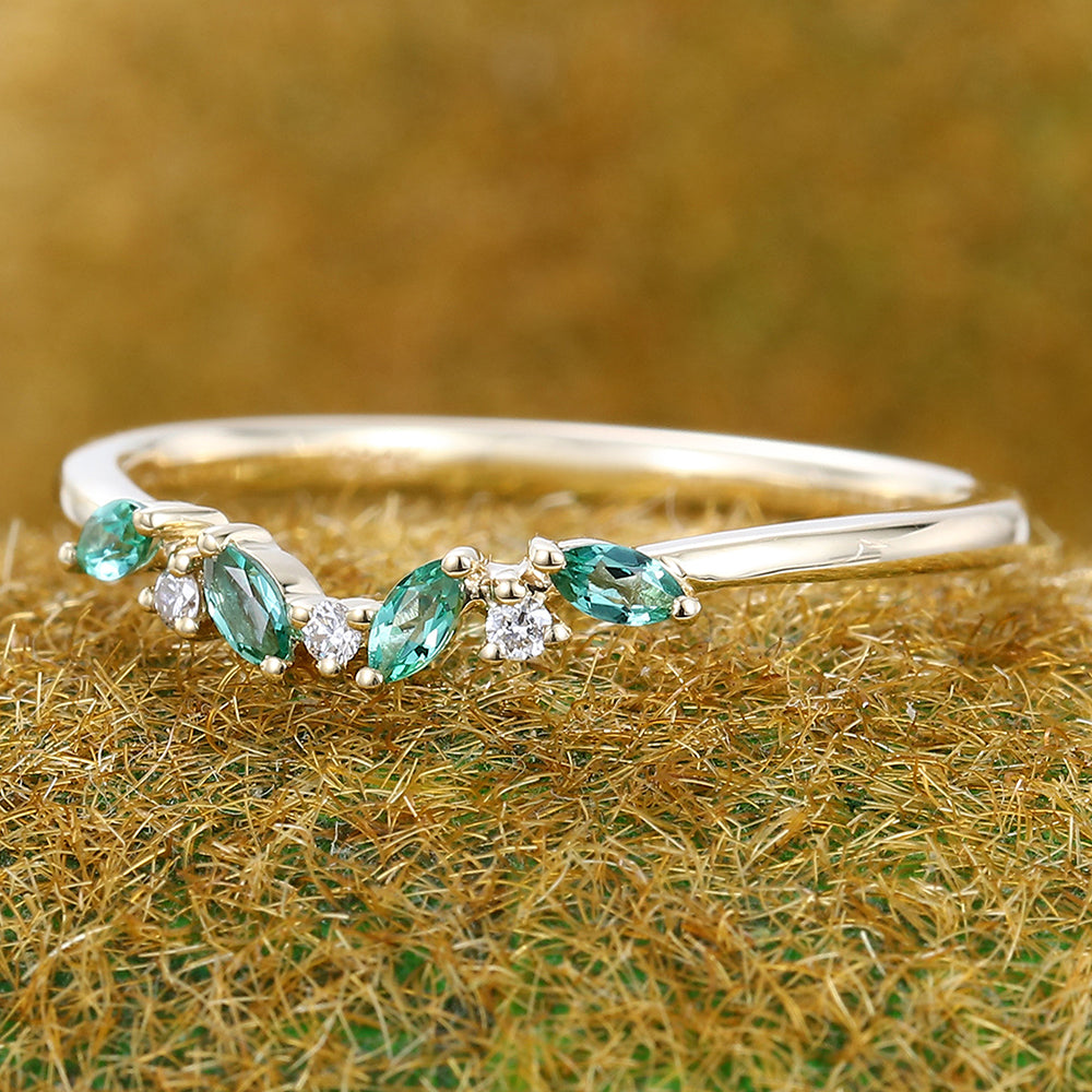 Curved Band Marquise Emerald & Diamond Wedding Band Anniversary Ring