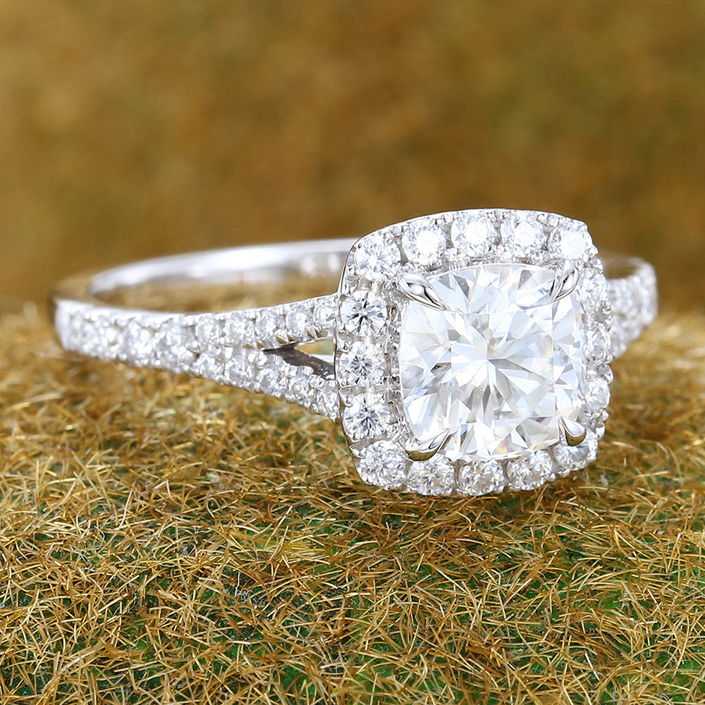 Cushion Cut Moissanite Halo Engagement Ring In White Gold