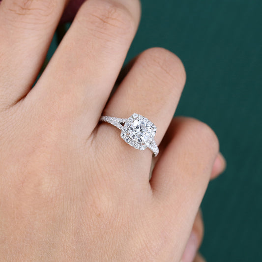 Cushion Cut Moissanite Halo Engagement Ring In White Gold
