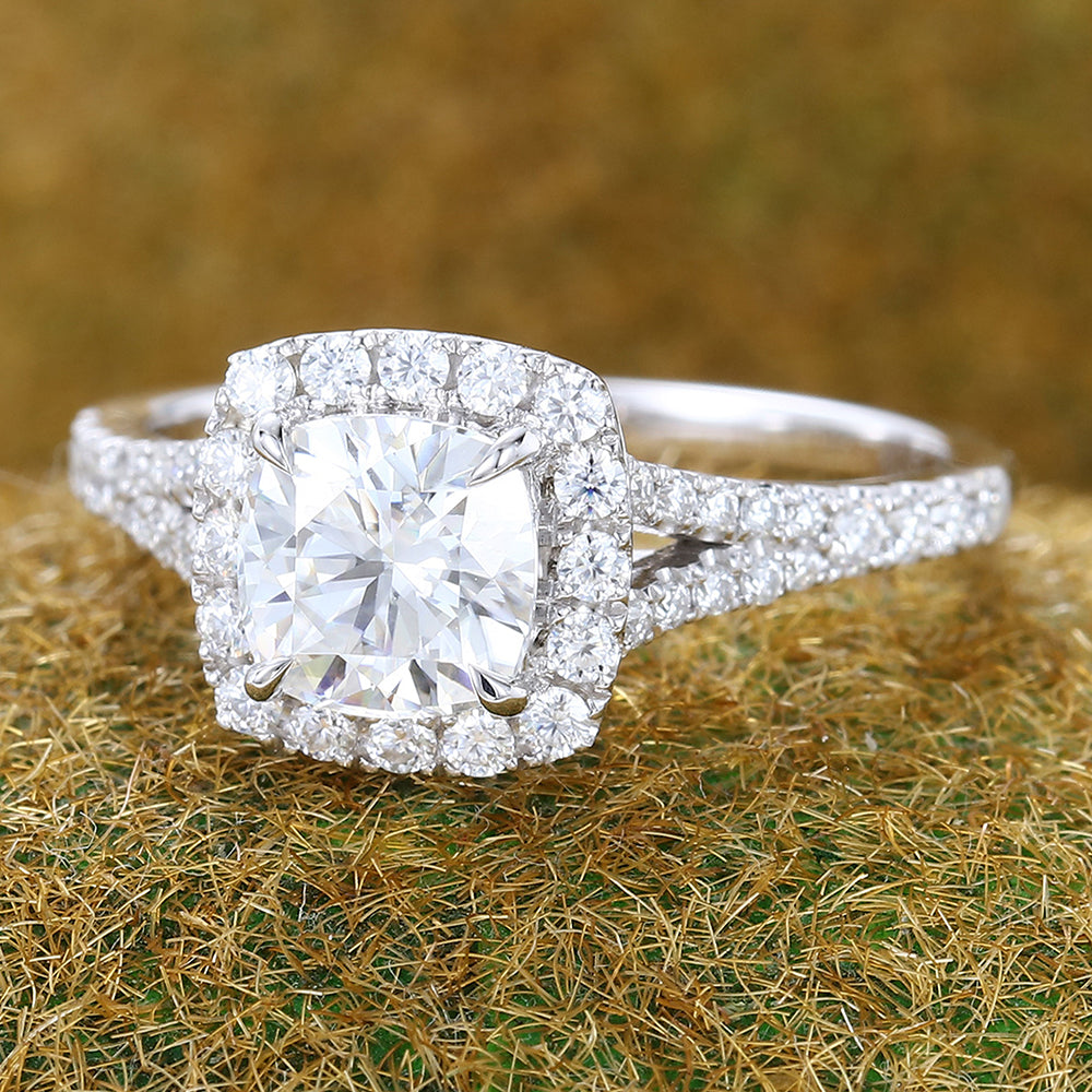 Cushion Cut Moissanite Halo Engagement Ring In White Gold