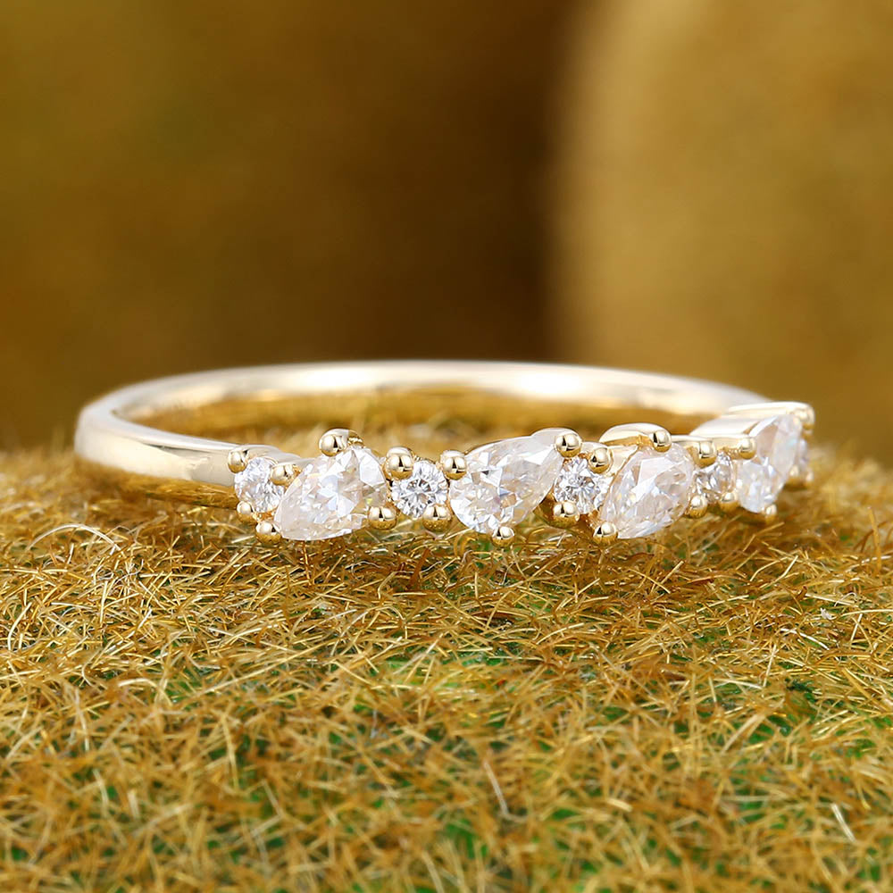 Delicate Pear Moissanite wedding band Unique yellow gold wedding band women Vintage eternity wedding band Bridal Matching Stackable ring
