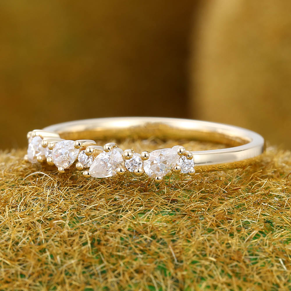Delicate Pear Moissanite wedding band Unique yellow gold wedding band women Vintage eternity wedding band Bridal Matching Stackable ring