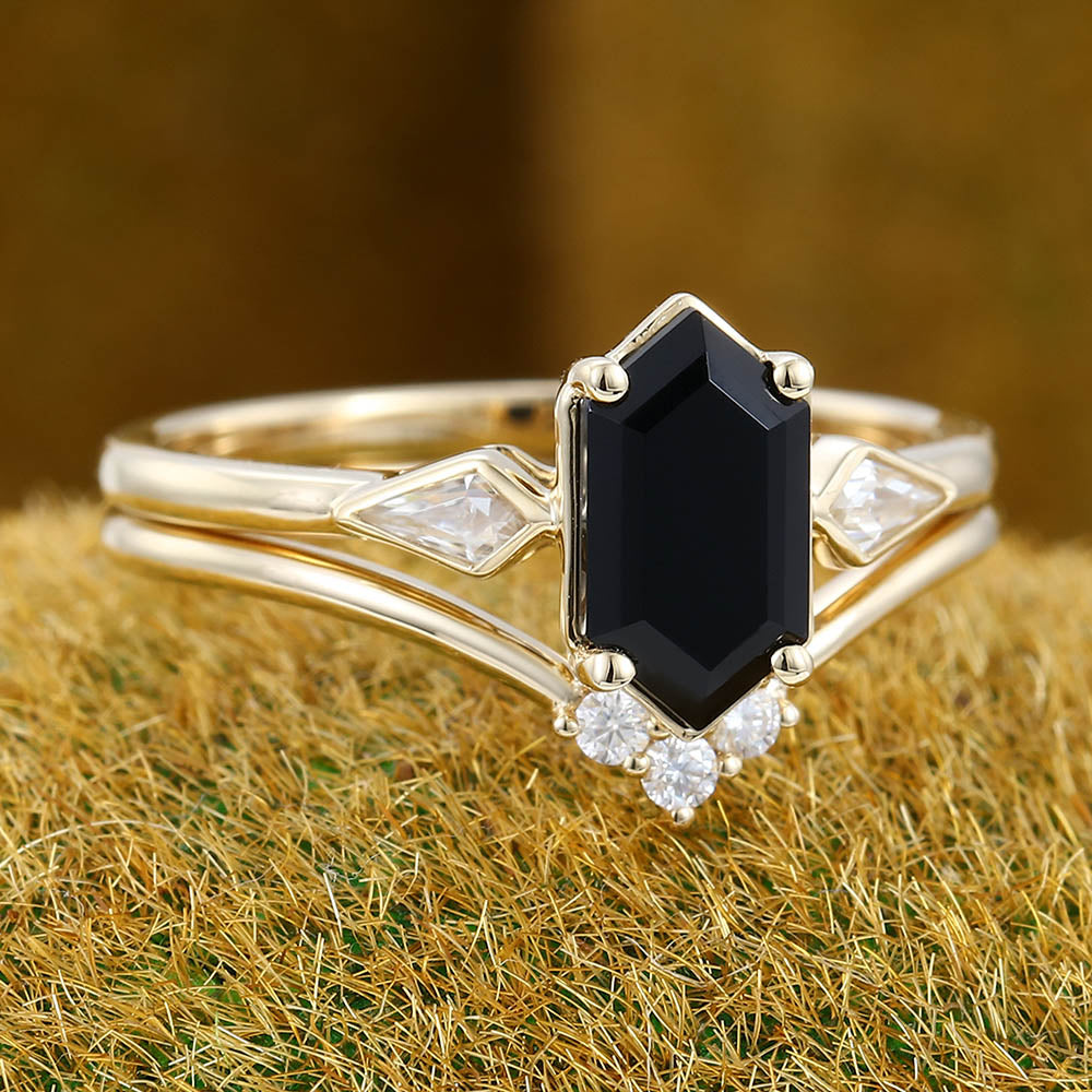 Elongated Hexagon Black Onyx engagement ring set Vintage yellow gold engagement ring Curved ring Kite Diamond ring Promise Anniversary ring