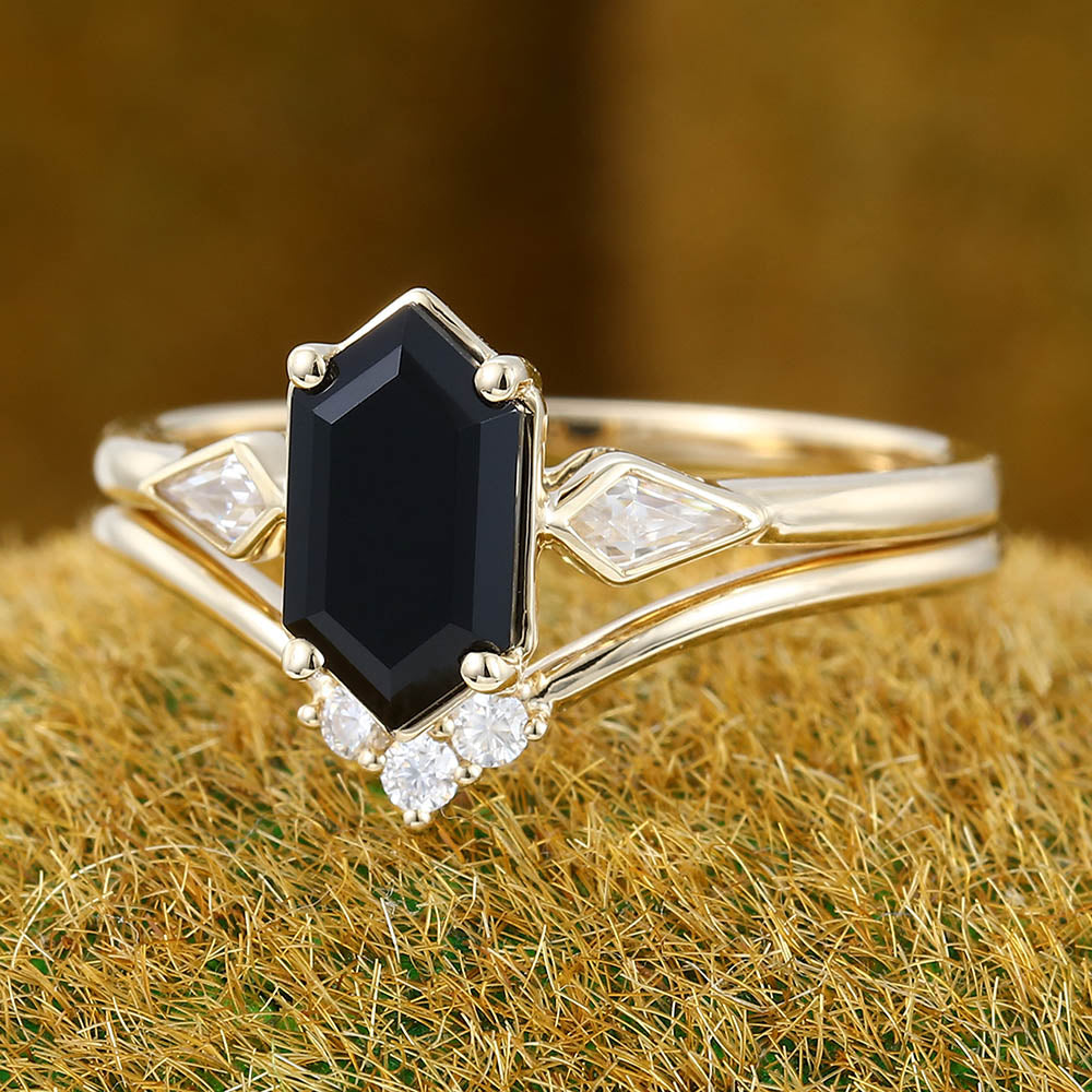 Elongated Hexagon Black Onyx engagement ring set Vintage yellow gold engagement ring Curved ring Kite Diamond ring Promise Anniversary ring