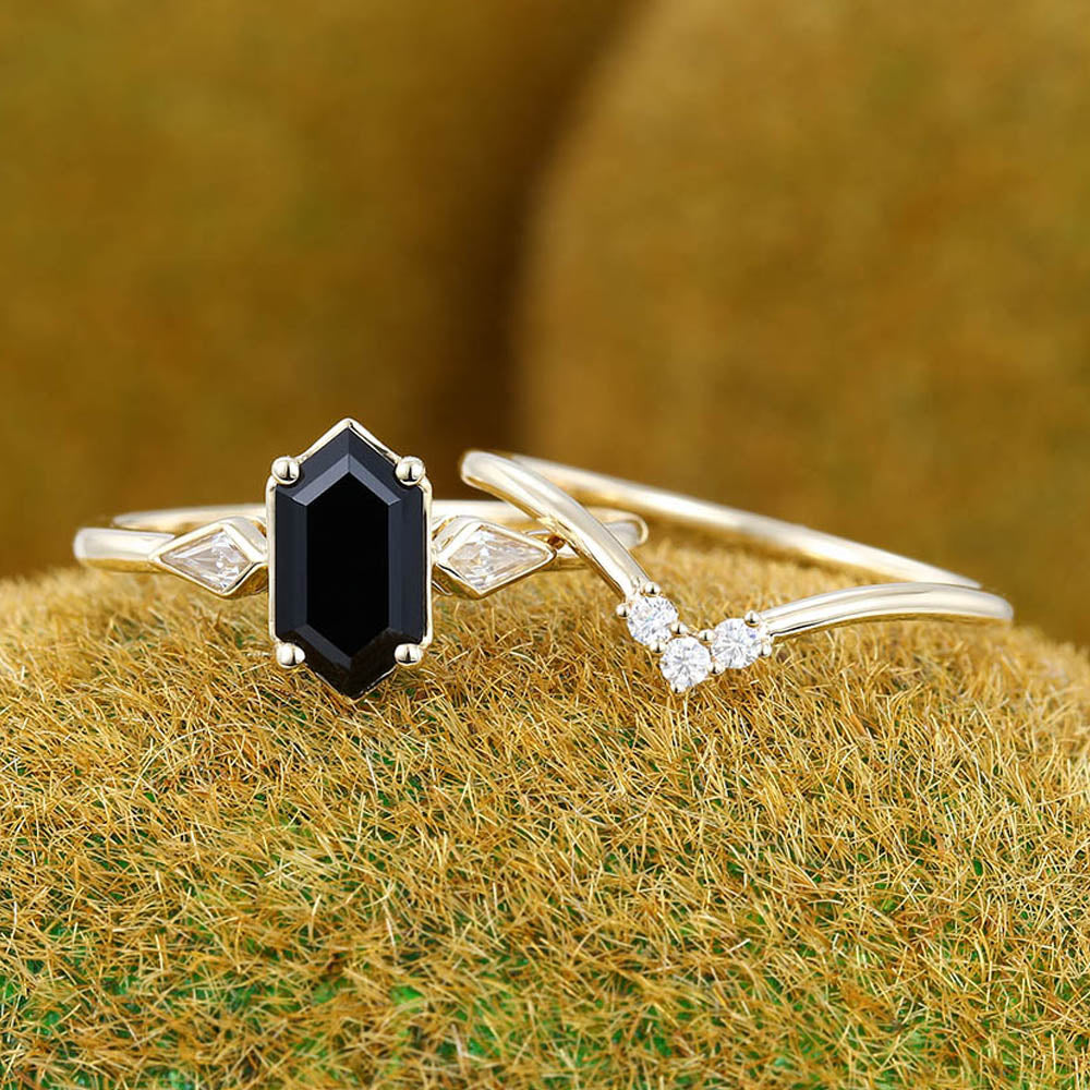 Elongated Hexagon Black Onyx engagement ring set Vintage yellow gold engagement ring Curved ring Kite Diamond ring Promise Anniversary ring