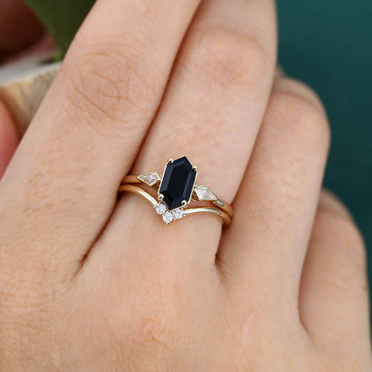 Elongated Hexagon Black Onyx engagement ring set Vintage yellow gold engagement ring Curved ring Kite Diamond ring Promise Anniversary ring