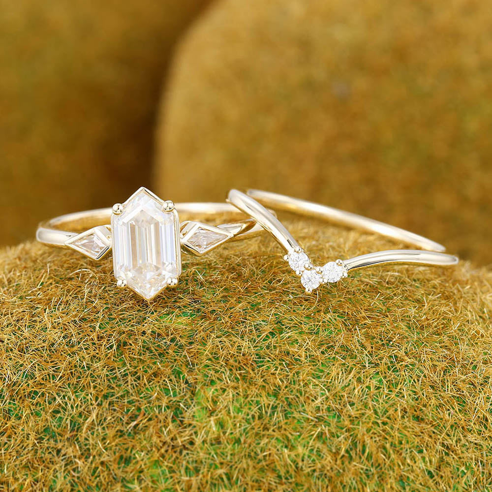 Elongated Hexagon Moissanite engagement ring set Unique yellow gold engagement ring Kite cut curved ring Wedding Promise Anniversary ring