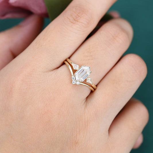 Elongated Hexagon Moissanite engagement ring set Unique yellow gold engagement ring Kite cut curved ring Wedding Promise Anniversary ring