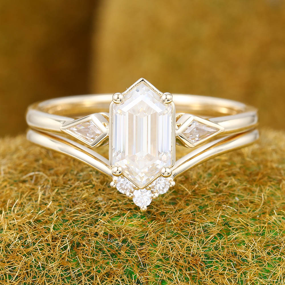 Elongated Hexagon Moissanite engagement ring set Unique yellow gold engagement ring Kite cut curved ring Wedding Promise Anniversary ring