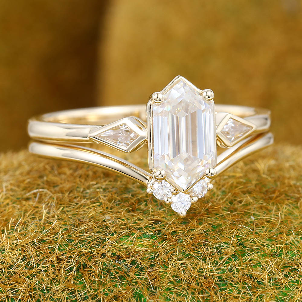 Elongated Hexagon Moissanite engagement ring set Unique yellow gold engagement ring Kite cut curved ring Wedding Promise Anniversary ring
